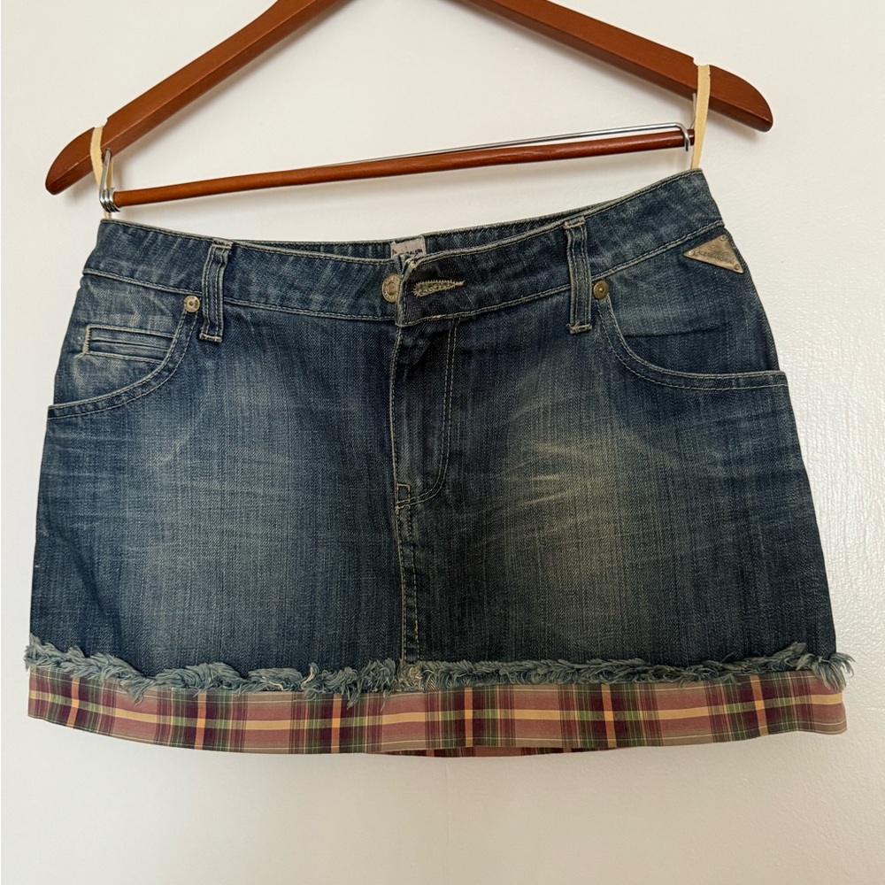 Daniele Alessandrini Blue Denim Mini Skirt with Plaid Accent